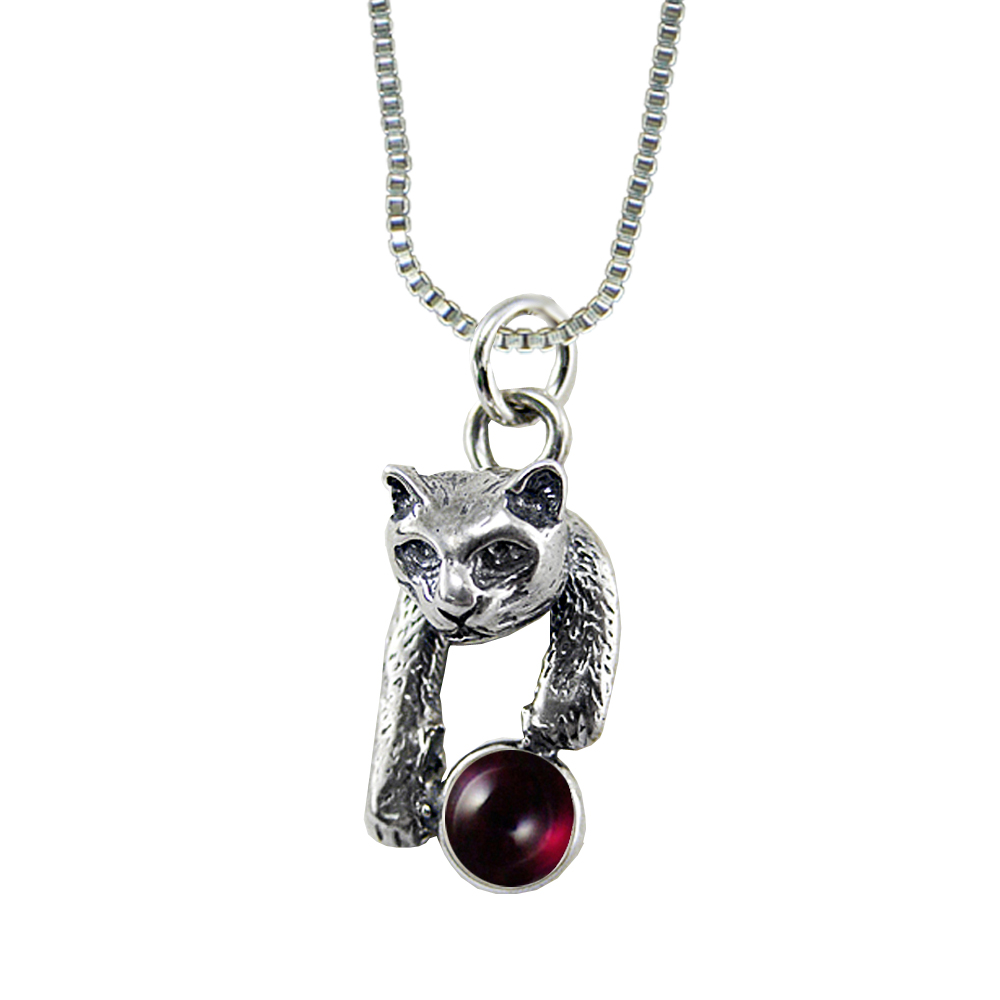 Sterling Silver Playful Little Cat Pendant With Garnet